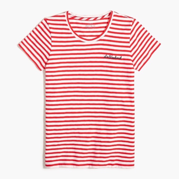 EUC J Crew sz Small S “Le Weekend" Chain-stitch Graphic Red Striped T-shirt NWT - Picture 1 of 5